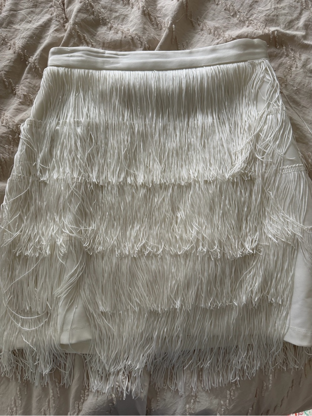 Meshki White Fringe Tiered Mini Skirt